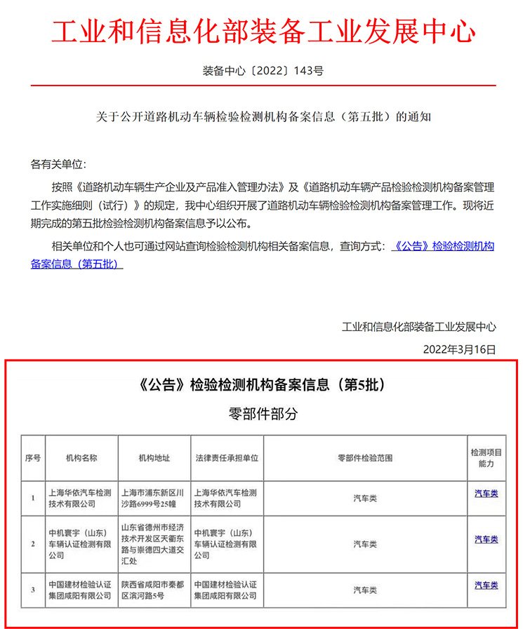 工業和信息化部《公告》檢驗檢測機構備案信息（第五批）